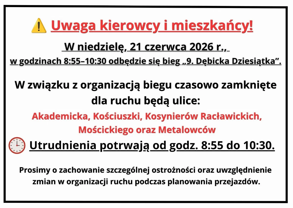Czasowe zamknięcie ulic 21 czerwca z powodu biegu ulicznego